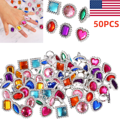 #ad 50Pcs Box Girls Kids Fancy Adjustable Cartoon Rings Party Favors Toys Ring Gift $8.34