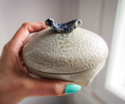#ad Modernist Handcrafted Trinket Box Round Jewelry Ceramic Box Artist Stamped $16.00