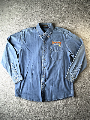 #ad Harriton Mens Large Denim Button Shirt Blue with Woodward Dream Cruise 2015 $5.46