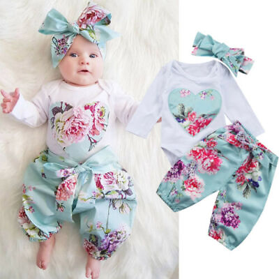 #ad Newborn Infant Baby Girl Romper Jumpsuit Tops Pants Headband Outfits Clothes Set $16.79