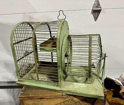 #ad Rare PRIMITIVE ANTIQUE METAL HAMSTER CAGE WITH ORIGINAL Green PAINT Wheel $295.00