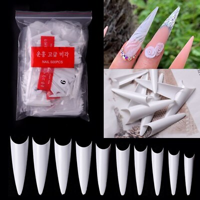 #ad 500pc Box Pointy Stiletto Nail Tip Clear Natural False Extra Long FingernailClaw $18.74