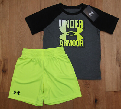 #ad Under Armour Boy 2 Piece T Shirt amp; Shorts Set Gray Black amp; Volt $24.95