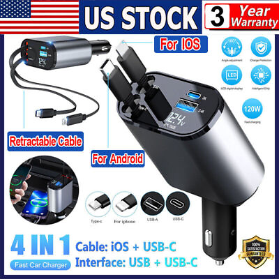 #ad 4 IN 1 Car Charger Retractable Cable Adapter Dual Port USB C PD Fast Charging US $20.94