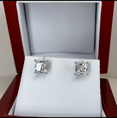 #ad 4 Ct Princess Cut Real Moissanite Women Stud Earrings 14k White Gold Plated $104.99