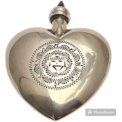 #ad Taxco HECHO EN MEXICO STERLING HEART SHAPED PERFUME W DAUBER amp; ETCHED AZTEC $95.00