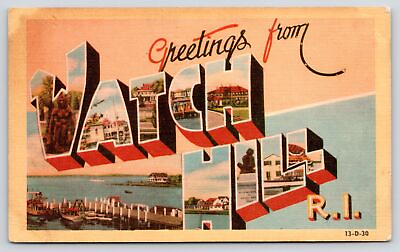#ad Watch Hill Rhode Island Large Letter Linen Postcard Dexter Colorcraft 1952 $9.00
