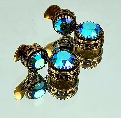 #ad Vintage KRAMER Clip on Earrings Iridescent Blue Gold Toned Metal Work $119.00