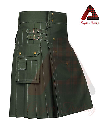 #ad Scottish Handmade Utility Kilt Heavy Cotton Green Utility Kilt Custom Size $71.25
