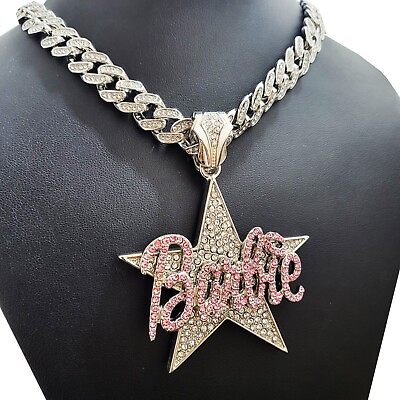 #ad Women Silver Shiny Barbie Star Charm amp; Iced Cubic Zirconia Cuban Chain Necklace $23.99