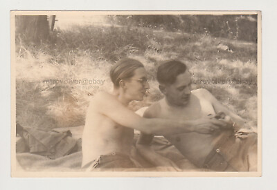 #ad Two Affectionate Handsome Young Men Shirtless Lying on Grass Gay Int Snapshot $34.99