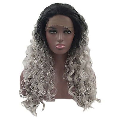 #ad Lace Front Wigs Long Water Wave for Girl Daily Use Black Gradient Gray 24quot; $44.03