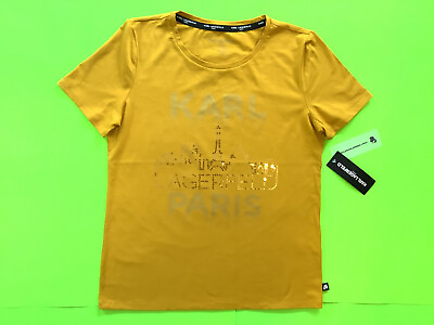 #ad KARL LAGERFELD Women’s Short Sleeve T Shirt Paris Size SMALL Yellow w Gold $39.90