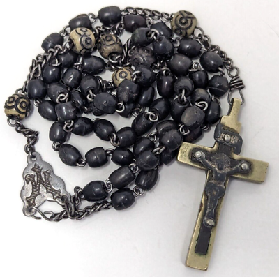 #ad Vintage Carved Wood Bead Metal Cross Crucifix Religious Catholic Rosary A24 $14.99