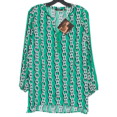 #ad NWT IMAN Womens Top Popover High Low Chain Print Long Sleeve Green Size Small AJ $19.98