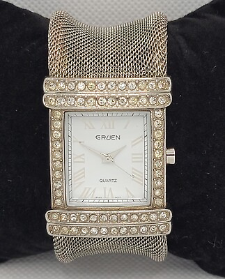 #ad Ladies Gruen Stylish Silver Tone Pave Bezel Mesh Cuff Bracelet Analog Watch K1 $11.99
