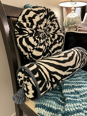 #ad Custom Made Zebra Stripe Blue Trim Tassels Round Neckroll Pillow 7x19quot; $55.00