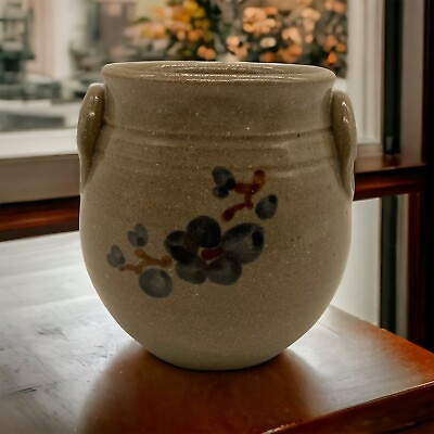 #ad Jugtown Ware Pottery Vtg 1983 4” Vase Pot Urn Ear Handle Blue Flowers Salt Glaze $55.00