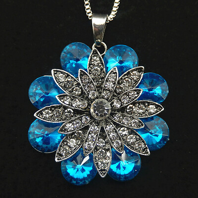#ad Blue Clear Crystal Rhinestone Flower Pendant Fashion Sweater Necklace $6.99
