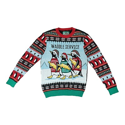 #ad Ugly Christmas Sweater Mens Medium Penguins Waddle Service Holidays Beer Bottle $25.00