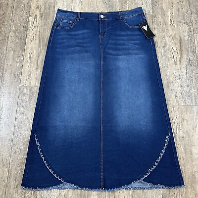 #ad NEW Be Girl Long Jean Skirt Size 2XL Blue Denim Frayed Edge No Slit Modest 39x38 $34.99
