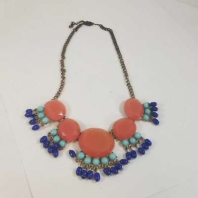 #ad STATEMENT NECKLACE CORAL AND BLUE BEADED BIB DANGLE $21.99