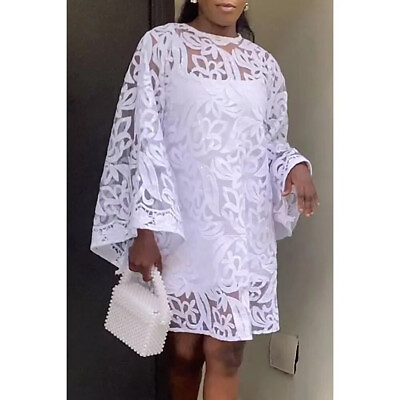 #ad Plus Size Homecoming Dress White See Through Lace Flare Sleeve Two Piece Mini D $47.20