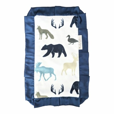 #ad Minky Couture Mini Blanket Baby Security Lovey Bear Deer Gray Navy Satin Trim $14.00