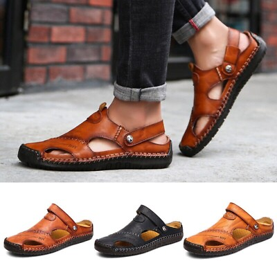 #ad Mens Sport Closed Toe Sandals Summer Leather Shoes Beach Fisherman Flat Slippers $28.46