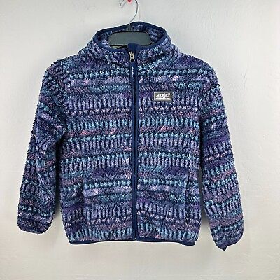 #ad Eddie Bauer Jacket Kids Small Blue Purple Striped Fleece Hooded Full Zip Pocket $17.88