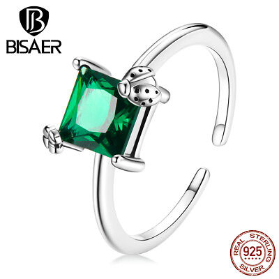#ad Bisaer European 925 Sterling Silver Green square CZ Open Ring Jewelry For Women $8.49