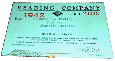 #ad 1942 READING COMPANY EMPLOYEE PASS #20333 $40.00