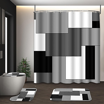 #ad Modern Abstract Bathroom Set with Grey Geometric Shower Curtain Toilet Lid Cove $41.81