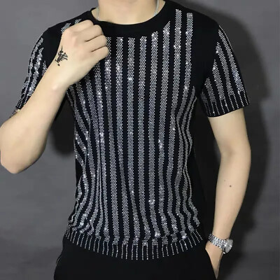 #ad New Men Luxury Diamond Rhinestones Fashion Black T Shirt High Quality $47.90