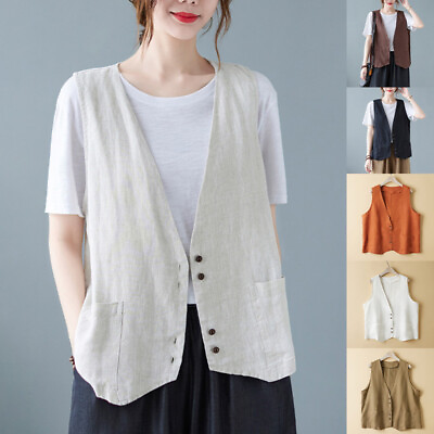 #ad Women Cotton Linen Sleeveless Vest Coat Ladies Buttons Waistcoat Casual Tank Top $20.72