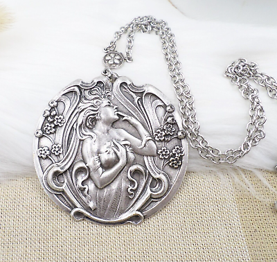 #ad Big Silver Plated Goddess Necklace Handmade Jewelry Alphonse Mucha Style $26.10