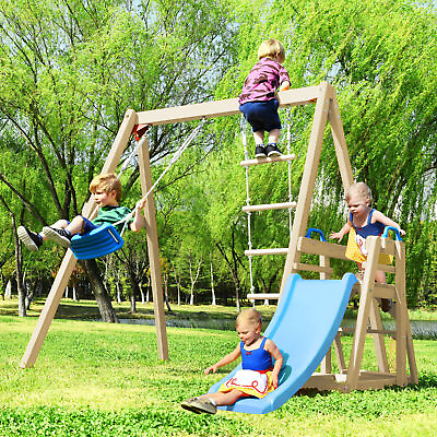 #ad Wooden Swing Slide Outdoor Playset Backyard Activity Playground Climb Toddler $258.29