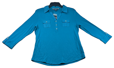 #ad Karen Scott Blouse Womens Size Medium Blue V Neck Chest Pockets New 3 4 Sleeve $16.24