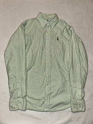 #ad Ralph Lauren Shirt Green Stripe Collar Button Down Top Sz 6 Classic Fit Womens $21.59