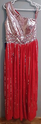 #ad JJ House Size 14 A line One Shoulder Floor Length Chiffon Sequin Prom Dress New $199.99
