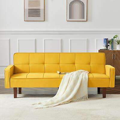 #ad Yellow Linen Sofa Bed Convertible Sleeper Sofa with Arms Solid Wood Feet $378.07