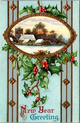 #ad New Year Greeting Embossed Postcard With Holly Berries amp; a Church $4.75