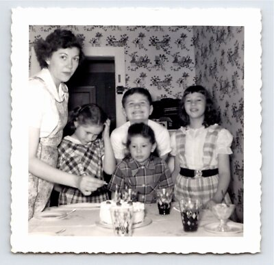 #ad Vtg 1953 Photo Girls Girl Birthday Party Cake Sisters Boy Kitchen 1950#x27;s R132 b $5.00