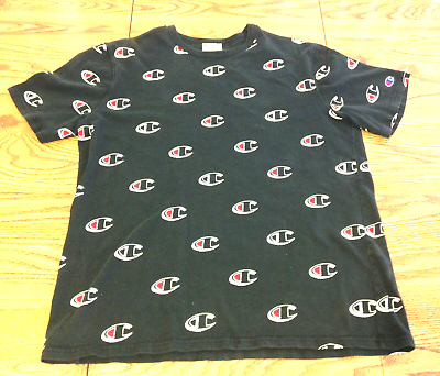 #ad Champion Sportswear All Over Logo Print T Shirt Black Short Sleeve XL Cotton $13.49