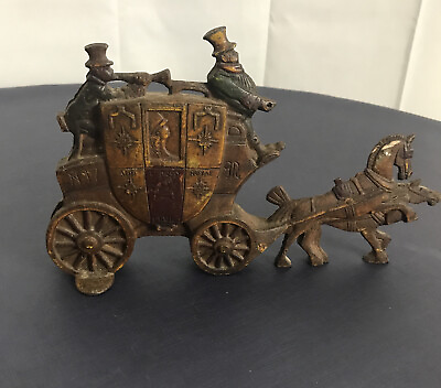 #ad Vintage 1930 Cast Iron Stagecoach Door Stop GR and London Royal Mail 2 Sided $147.88