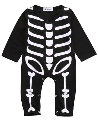 #ad Newborn Baby Halloween Costume Long Sleeve Skull Print Black Romper $8.46