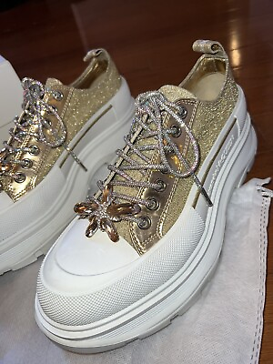 #ad Alexander McQueen Tread Slick Gold Glitter Sneakers Retail $1180 Sz 42 US 10 $315.00