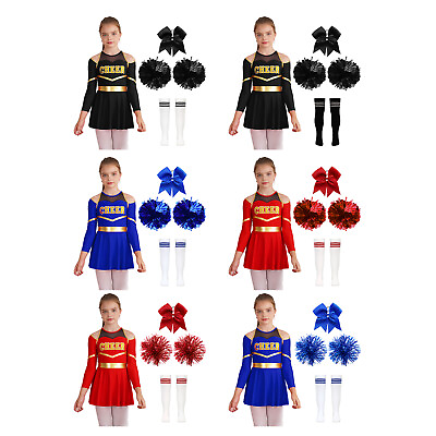#ad Girls Cheer Uniform Outfits Cheerleading Dance Dress with Headwear Pompoms Socks $9.59