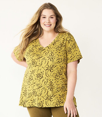 #ad Sonoma Goods For Life Women’s Plus Size 2X V Neck Tee Olive Green Floral New $11.94