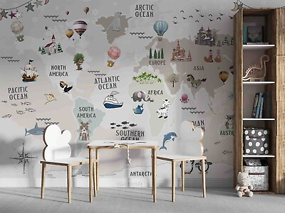#ad 3D Cartoon World Map Kids Wall Murals Wallpaper Murals Wall Sticker Wall 38 AU $199.99